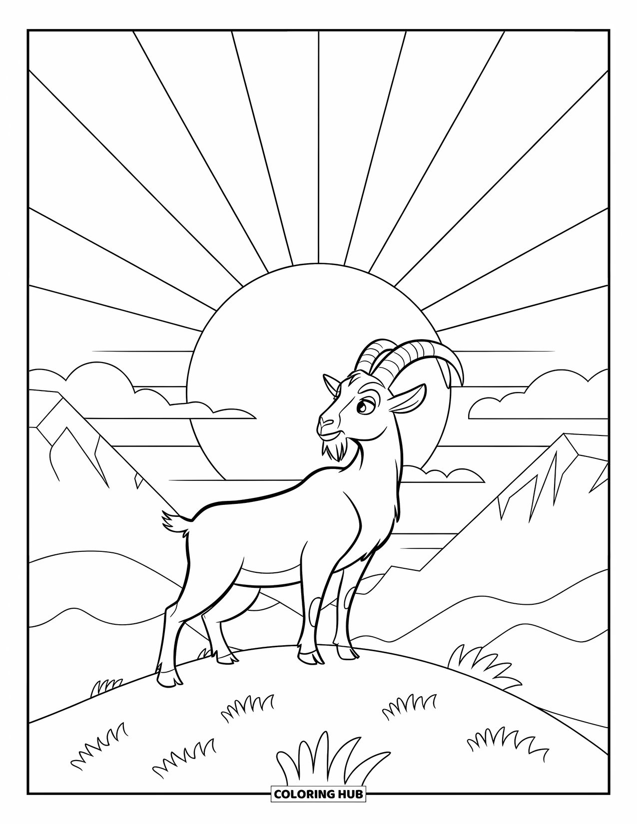 Disegno di una capra per bambini: Una capra guarda l'alba da una tranquilla cima di una collina