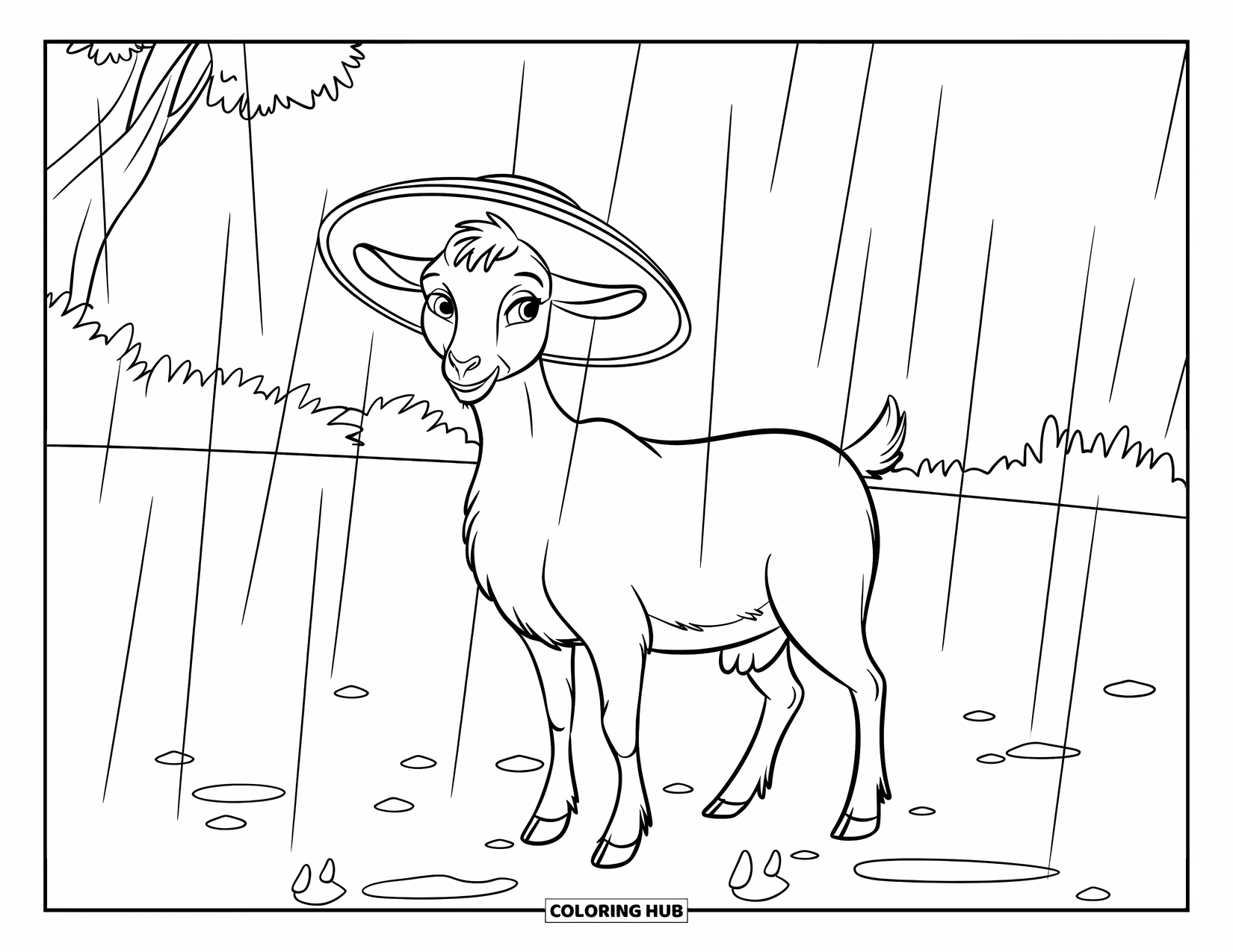 Disegno di una capra per bambini: Una capra che indossa un cappello si trova sotto una pioggia leggera in un campo tranquillo e pieno di alberi