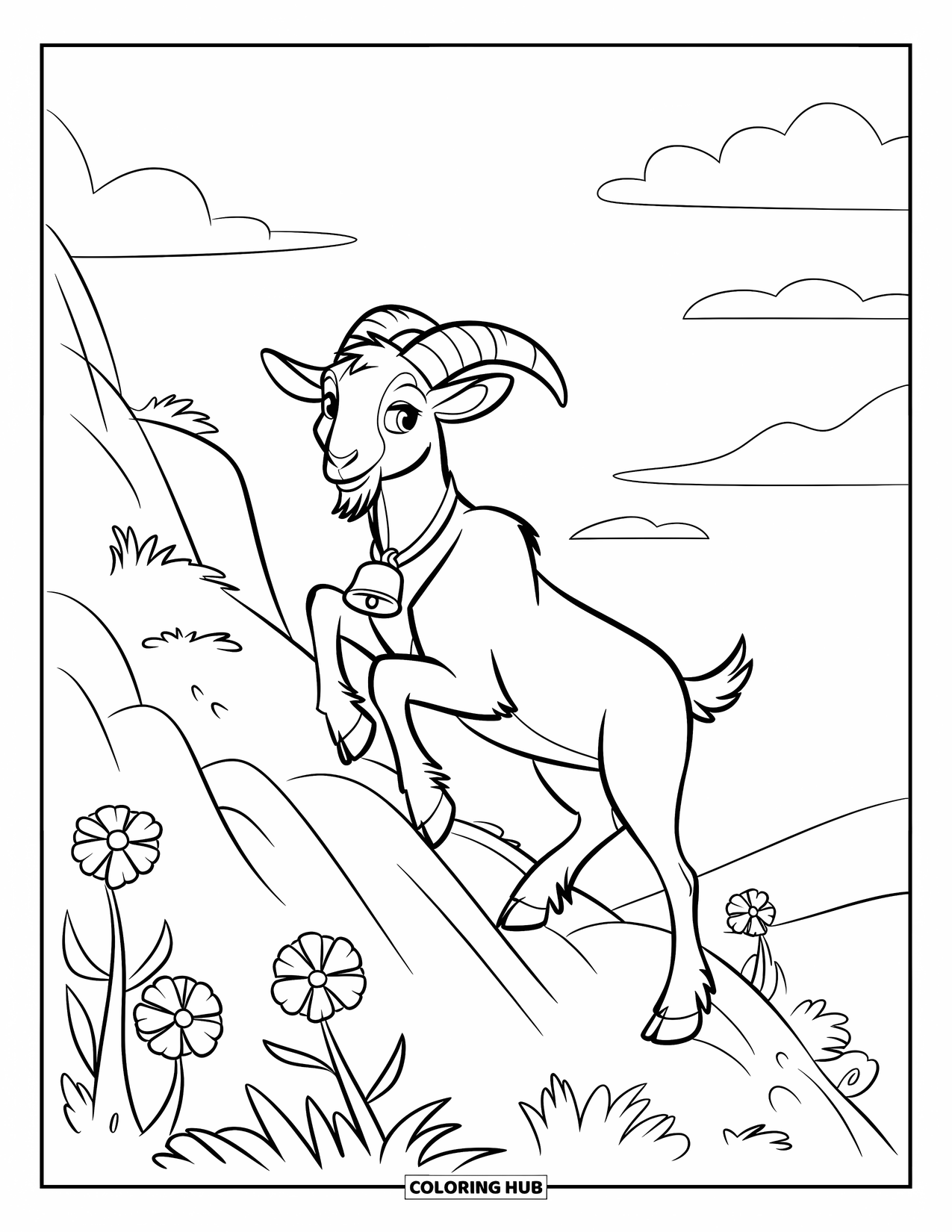 Disegno di una capra per bambini: Una capra con un campanello si arrampica su rocce circondata da fiori e cieli azzurri