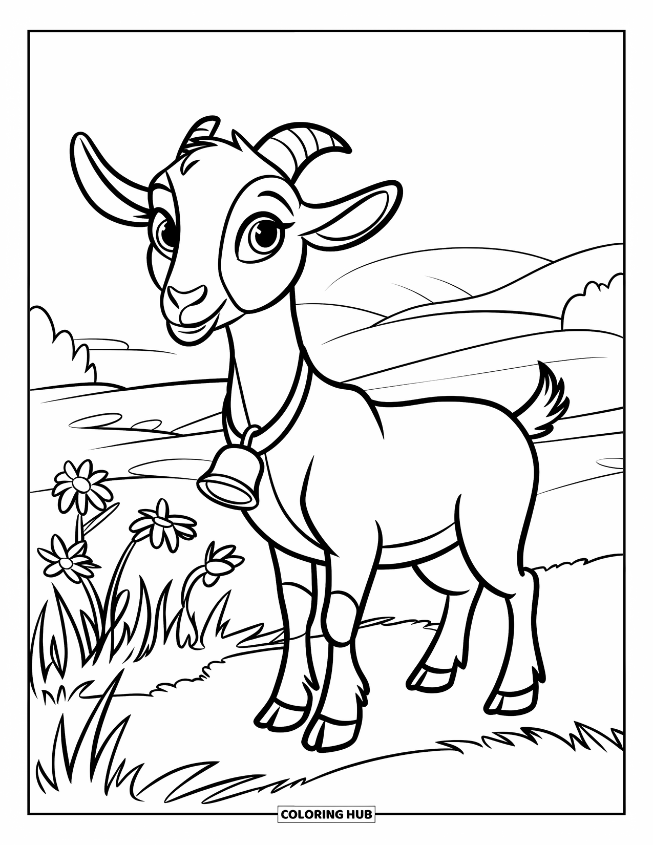 Disegno di una capra per bambini: Una capra con un collare a campanello si trova tra i fiori di campo su un terreno erboso