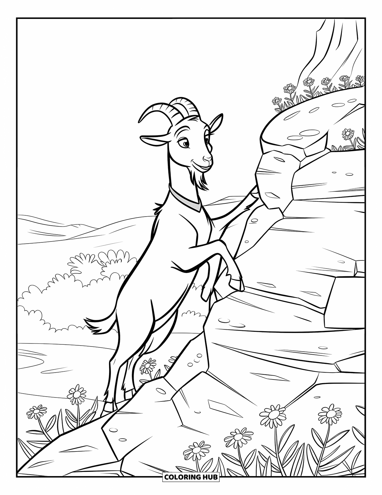 Disegno di una capra per bambini: Una capra con un collare si arrampica su una collina rocciosa piena di piccoli fiori