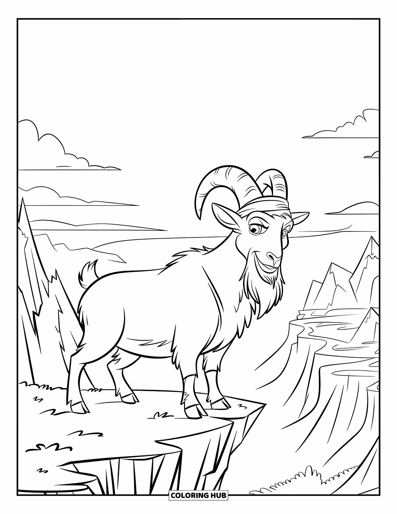 Disegno di una capra per bambini: Una capra con un cappello si erge orgogliosamente su una scogliera con montagne sullo sfondo