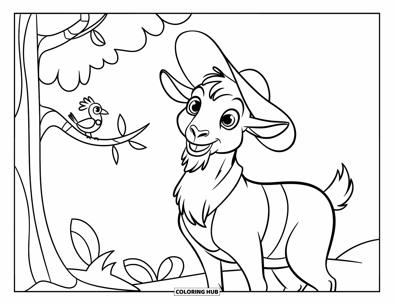 Disegno di una capra per bambini: Una capra con un gilet rosso sorride accanto a un albero con un uccello in alto