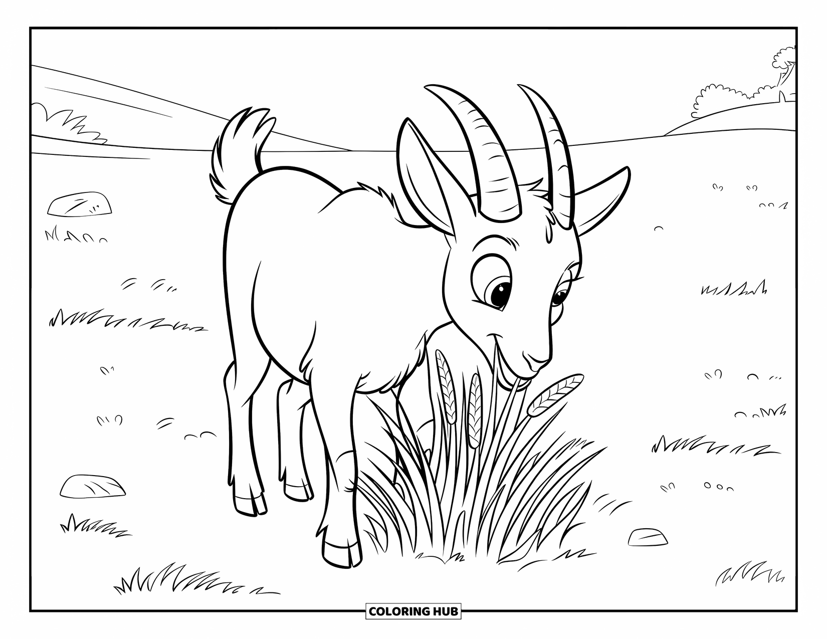 Disegno di una capra per bambini: Una capra con segni neri mastica felicemente erba vicino a un albero