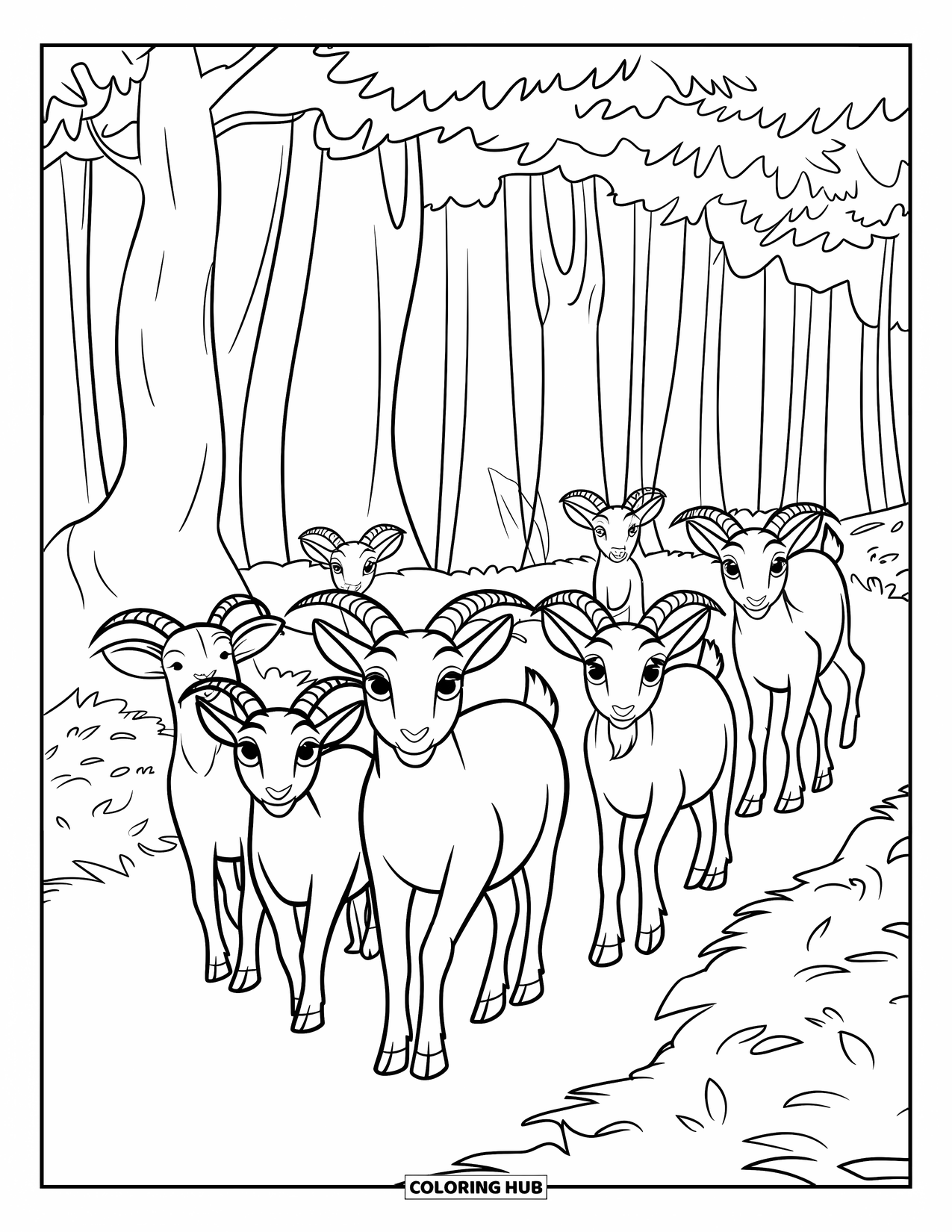 Disegno di una capra per bambini: Un gruppo di capre passeggia attraverso una foresta frondosa con alberi alti