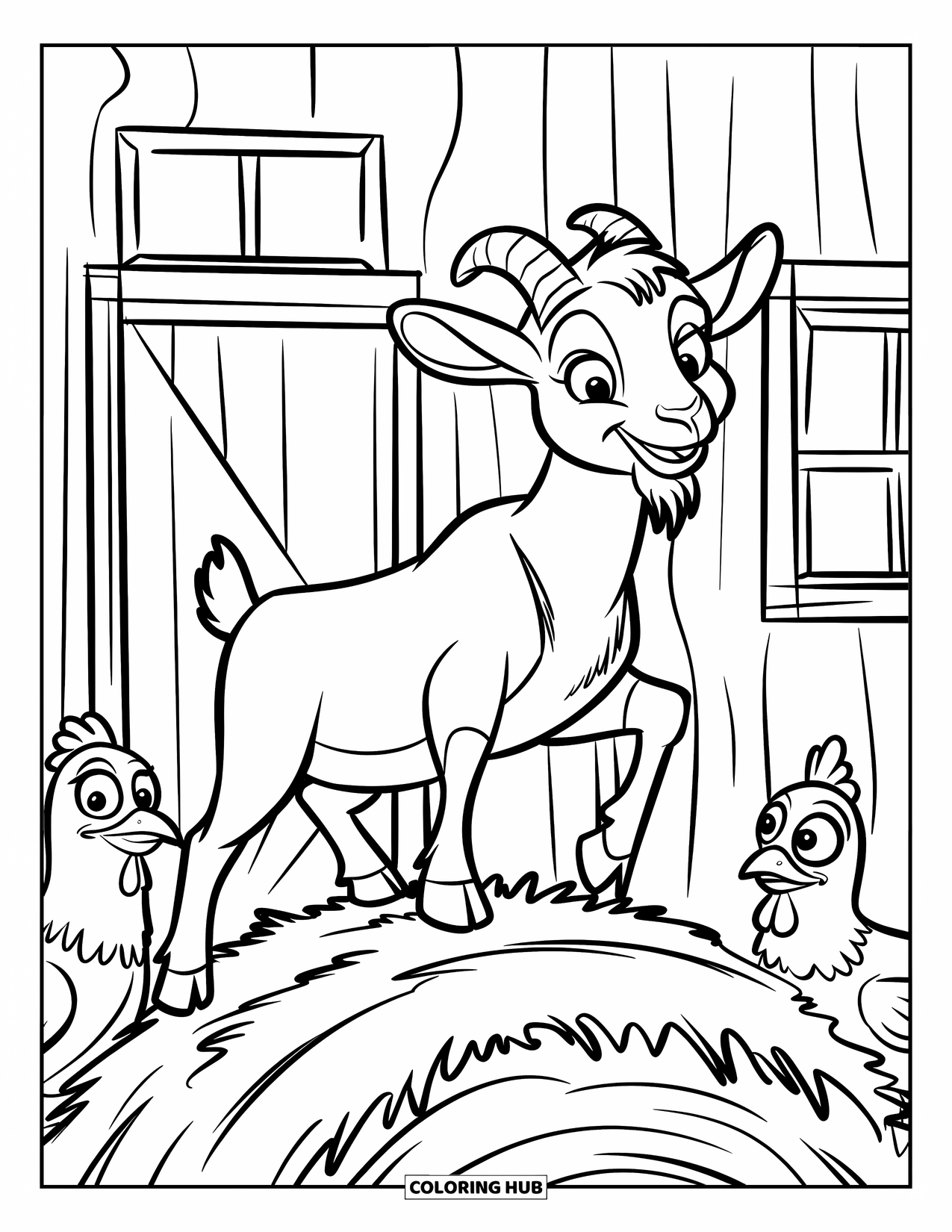 Disegno di una capra per bambini: Una capra felice si equilibra sul fieno mentre i polli guardano nelle vicinanze