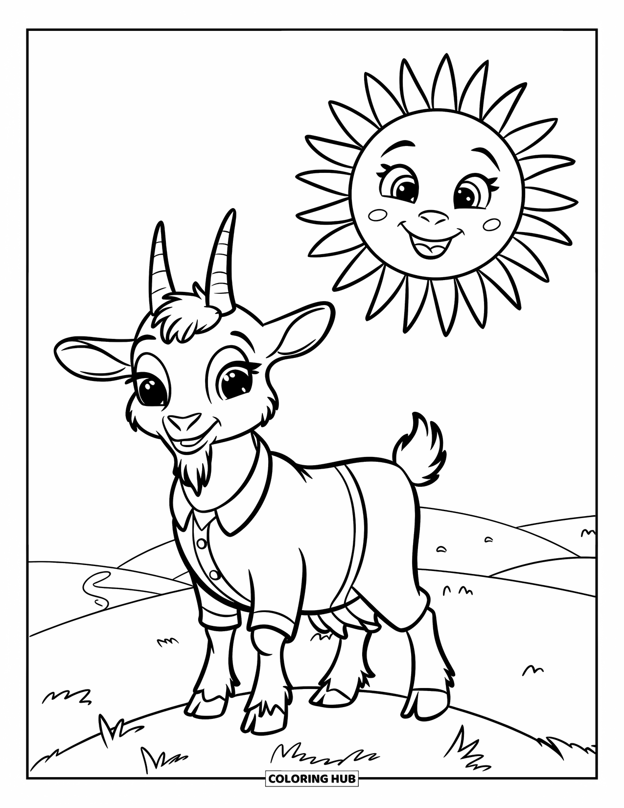 Disegno di una capra per bambini: Una capra felice con una maglietta verde si trova su una collina con un sole sorridente sopra