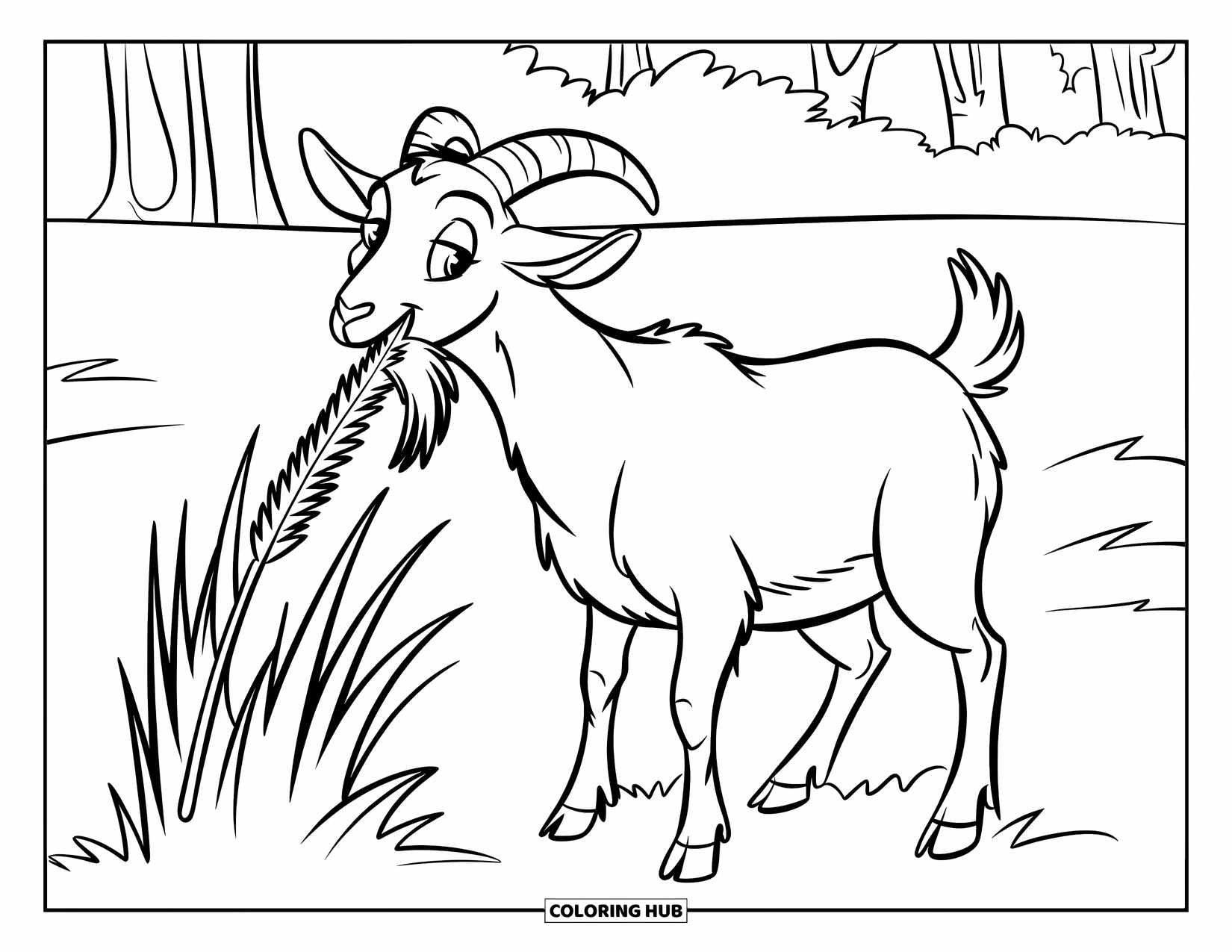 Disegno di una capra per bambini: Una capra felice mangia erba alta in un campo tranquillo