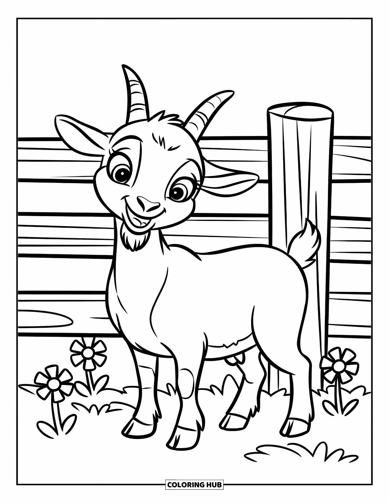 Disegno di una capra per bambini: Una capra felice si trova vicino a una staccionata di legno circondata da fiori