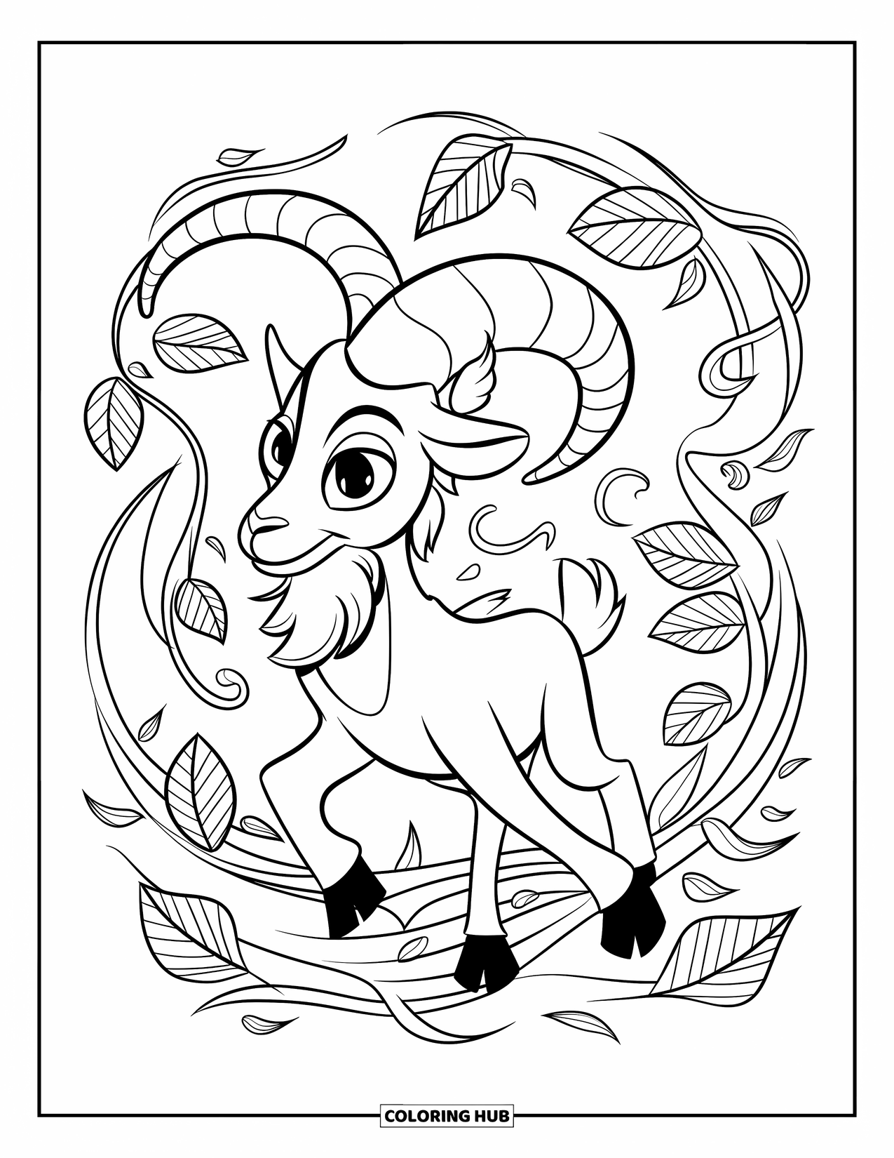Disegno di una capra per bambini: Una capra cornuta si erge tra viticci e foglie con uno sguardo audace