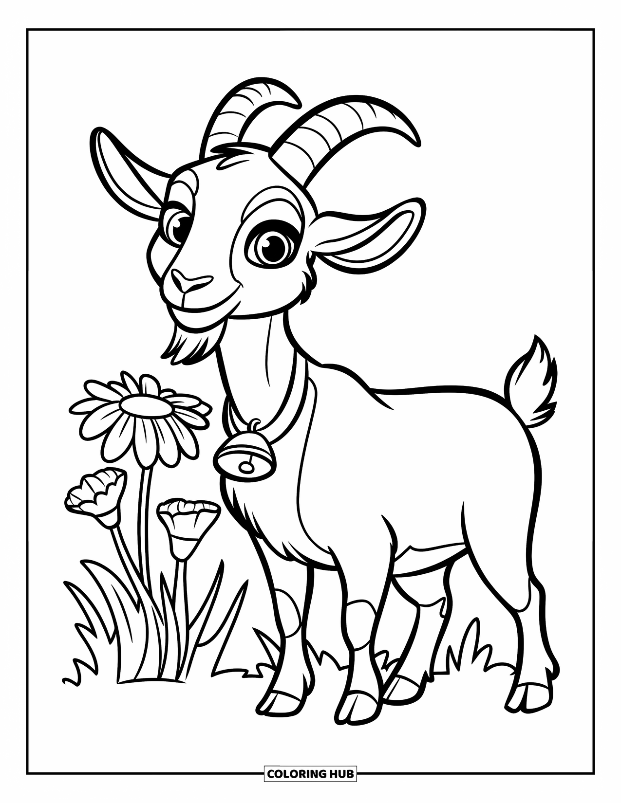 Disegno di una capra per bambini: Una capra vivace con un campanello si trova vicino a fiori di campo ed erba fluente