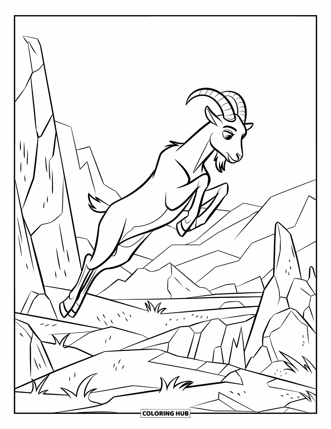 Disegno di una capra per bambini: Una capra che salta a mezz'aria allunga le gambe sopra un paesaggio aspro