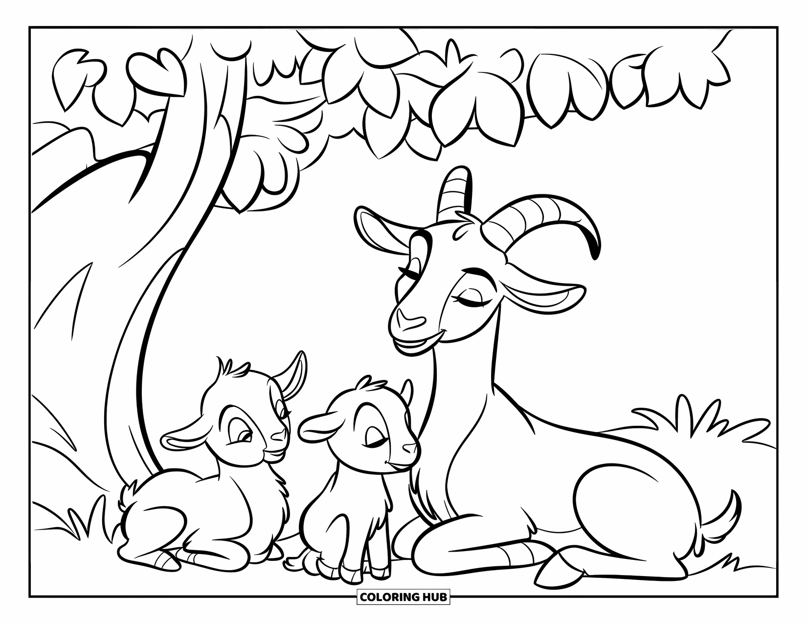 Disegno di una capra per bambini: Una mamma capra e i suoi capretti si coccolano tranquillamente sotto un albero ombroso