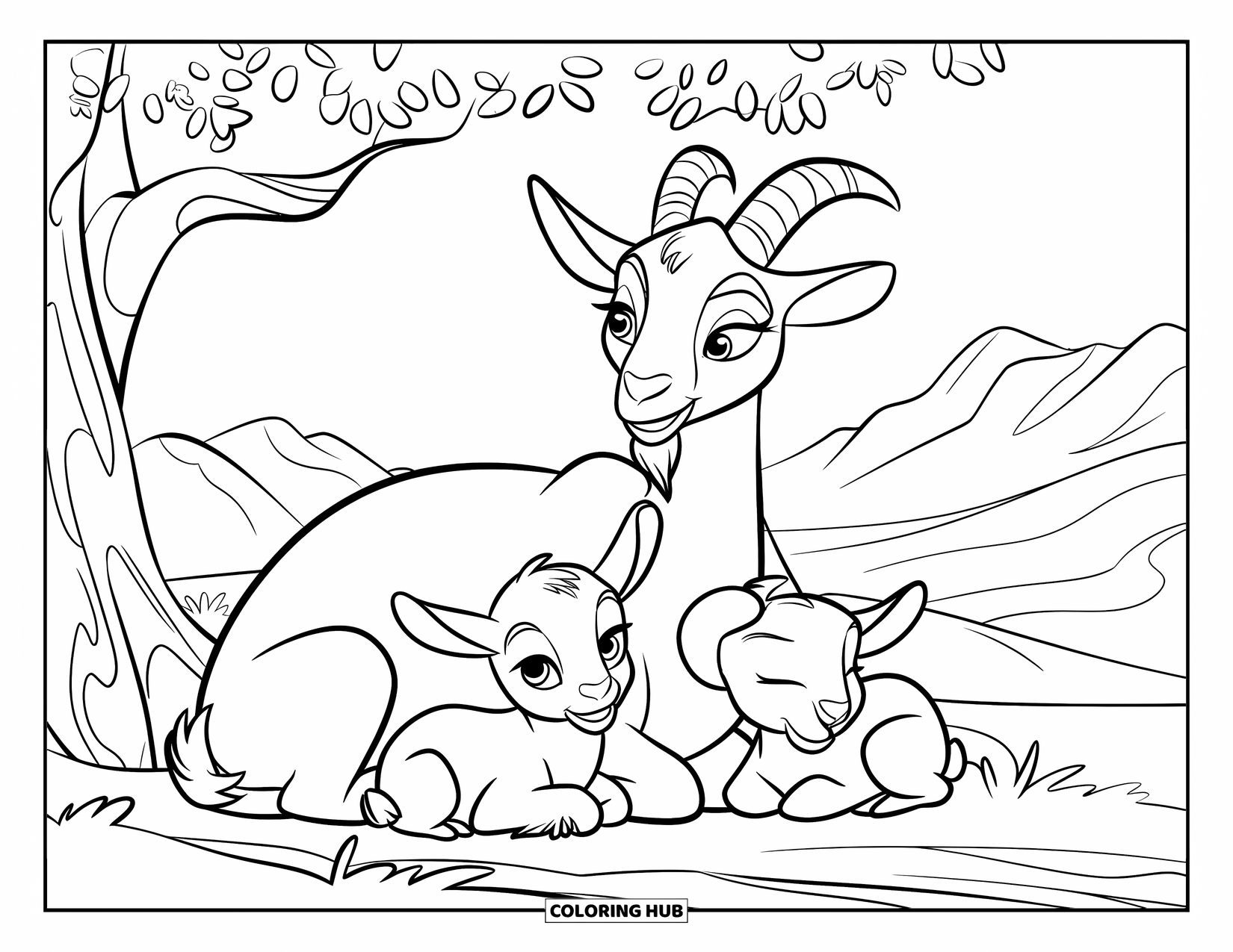Disegno di una capra per bambini: Una mamma capra siede sotto un albero, rannicchiata con i suoi due capretti