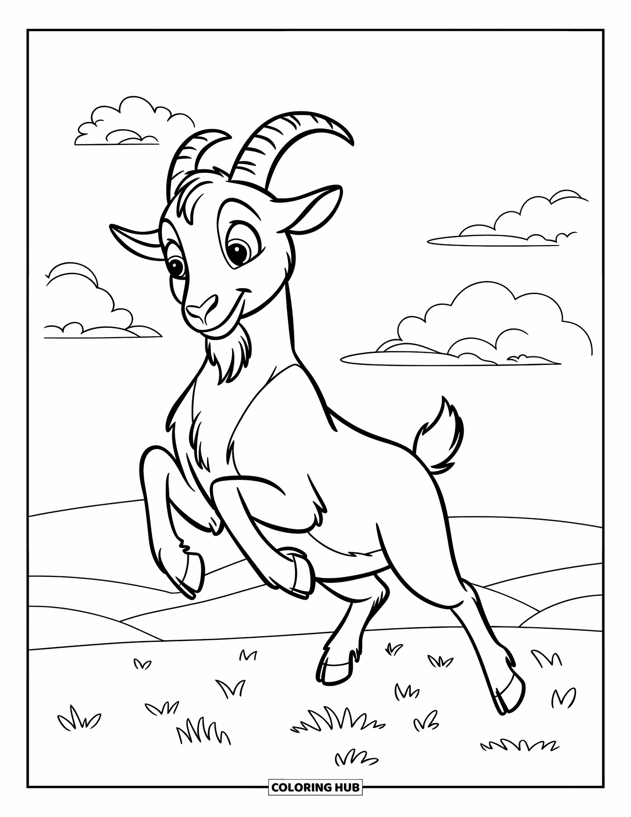 Disegno di una capra per bambini: Una capra giocosa salta in un prato con soffici nuvole sopra