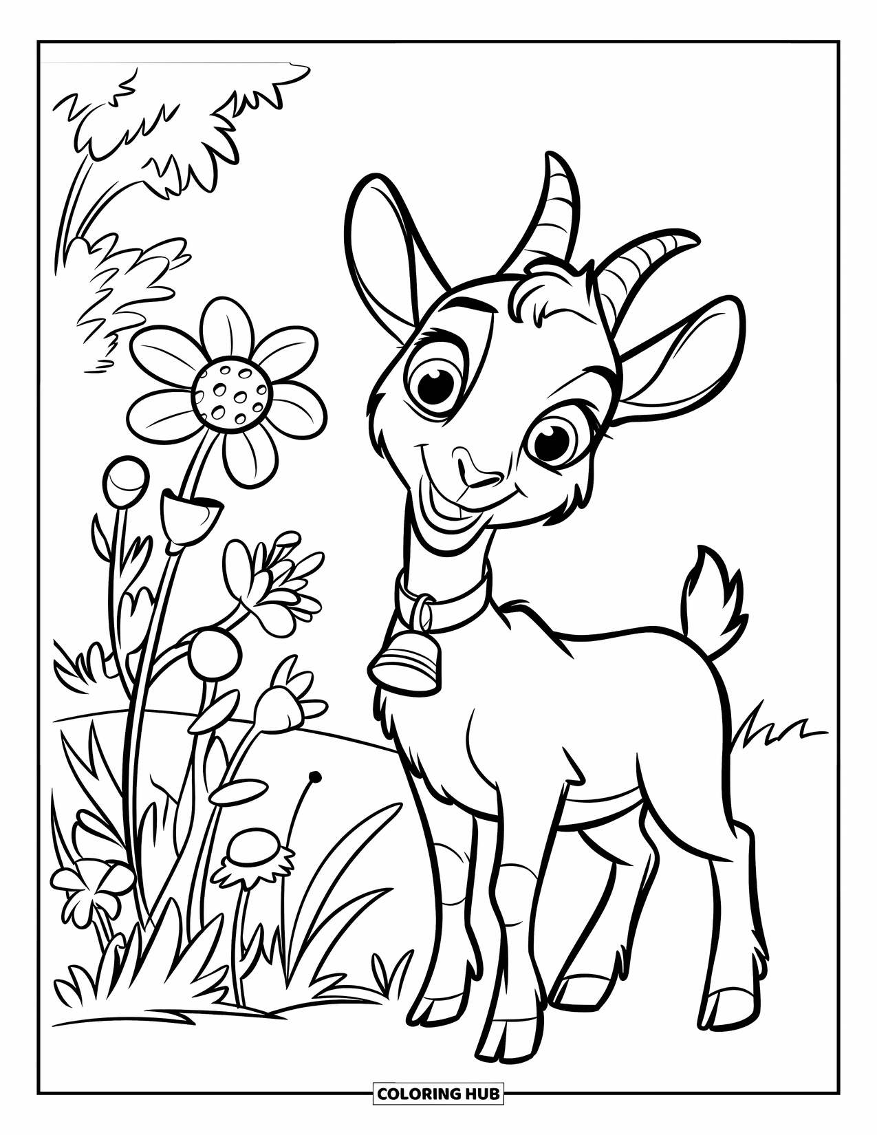 Disegno di una capra per bambini: Una capra giocosa con un collare a campanello si trova in un campo di fiori di campo colorati