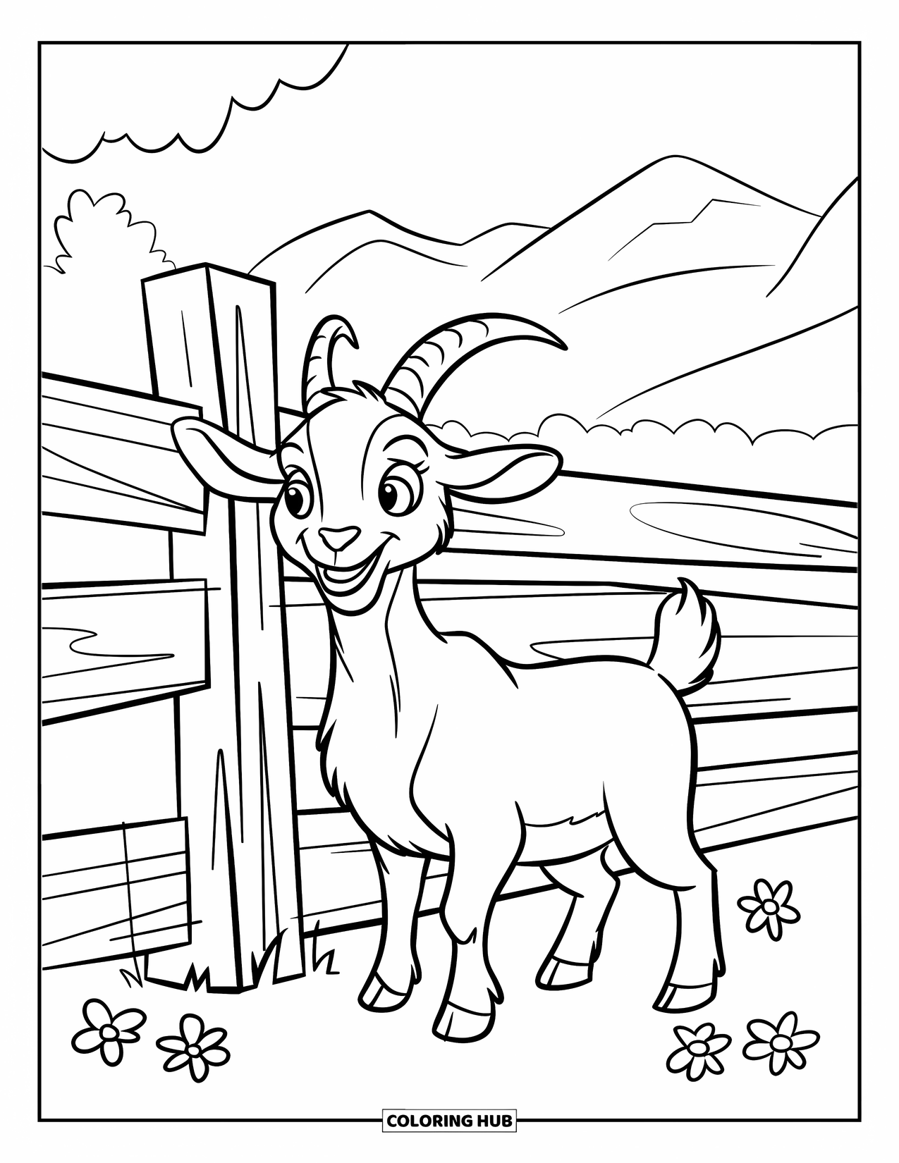 Disegno di una capra per bambini: Una capra sorridente si trova accanto a una staccionata di legno in un campo tranquillo