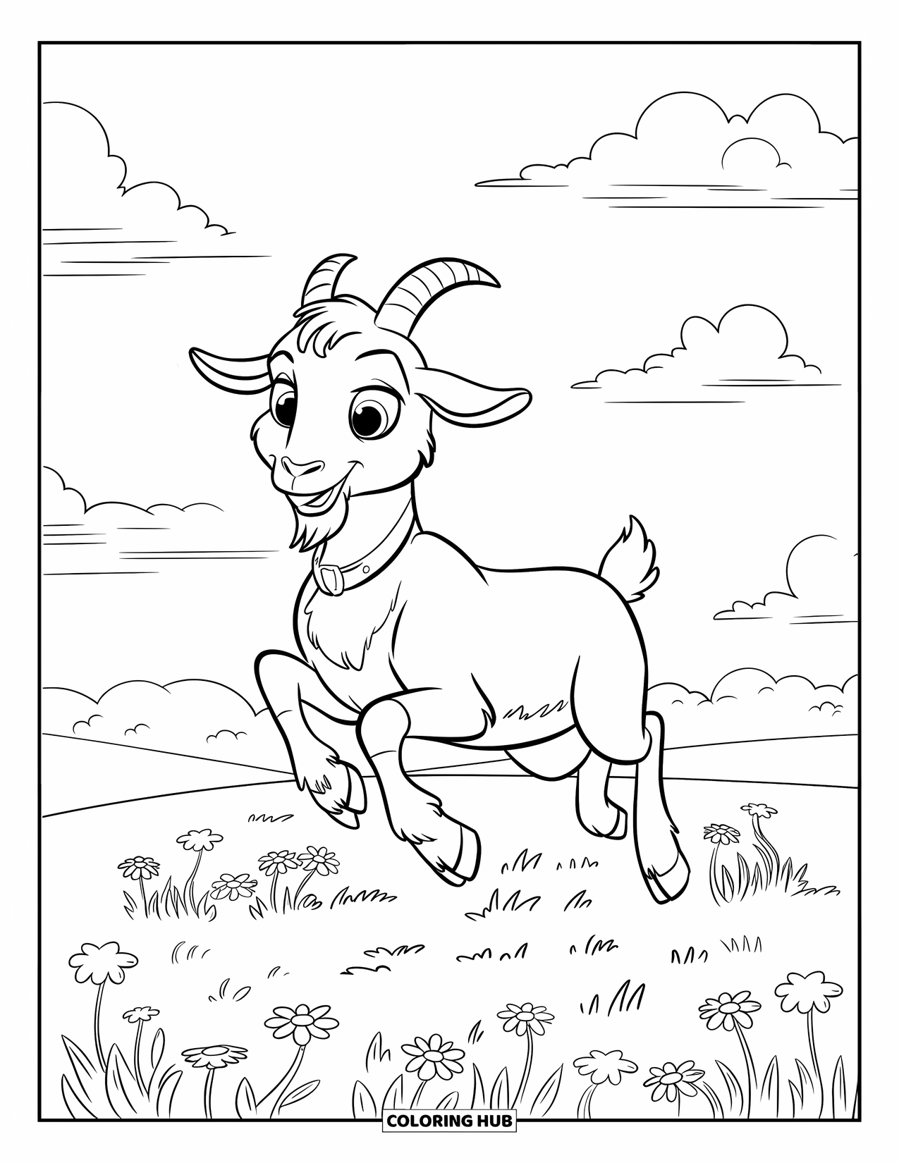 Disegno di una capra per bambini: Una capra sorridente che indossa un collare salta in un prato luminoso e aperto