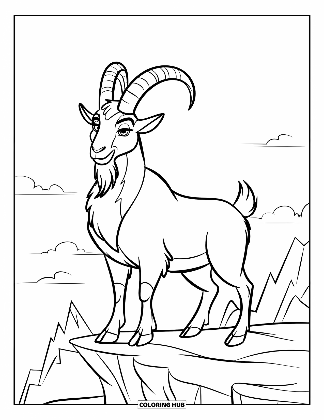 Disegno di una capra per bambini: Una capra imponente si erge su scogliere rocciose con cime montuose sullo sfondo
