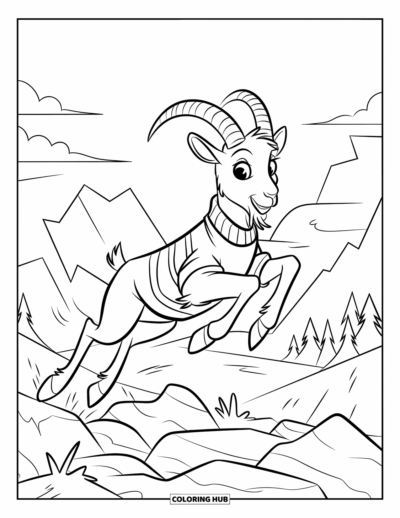 Disegno di una capra per bambini: Una capra con un maglione a righe salta sopra le rocce con le montagne sullo sfondo