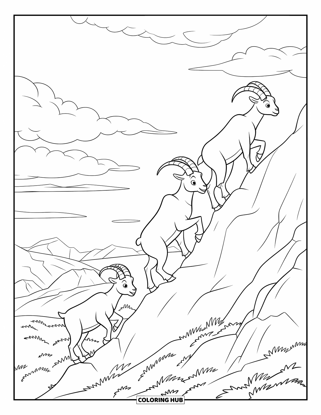 Disegno di una capra per bambini: Capre si arrampicano su ripide rocce sotto un cielo nuvoloso con vegetazione tutt'intorno