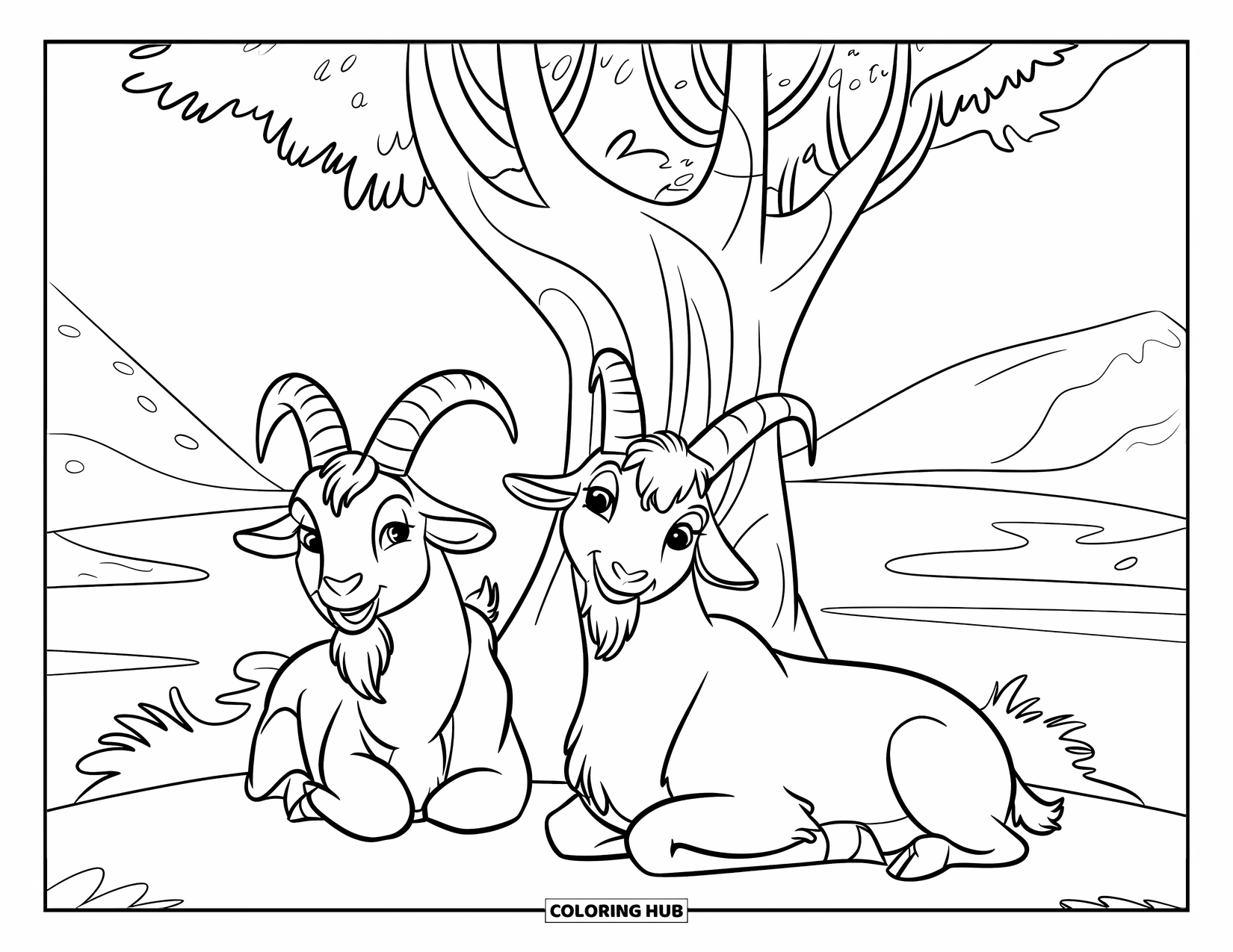 Disegno di una capra per bambini: Capre riposano sotto un albero con acqua e montagne in lontananza