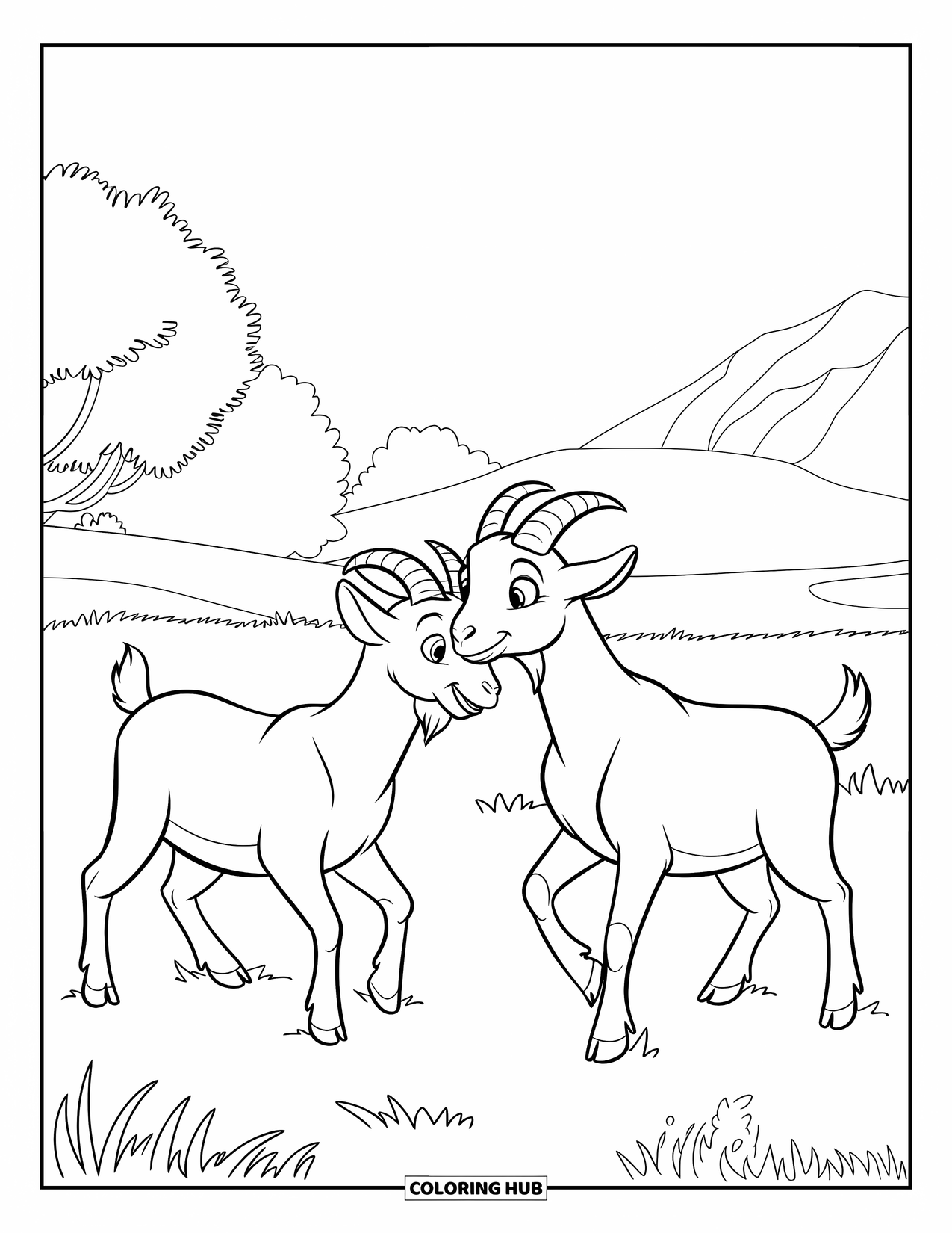 Disegno di una capra per bambini: Capre con grandi occhi si scontrano giocosamente in un pascolo di montagna