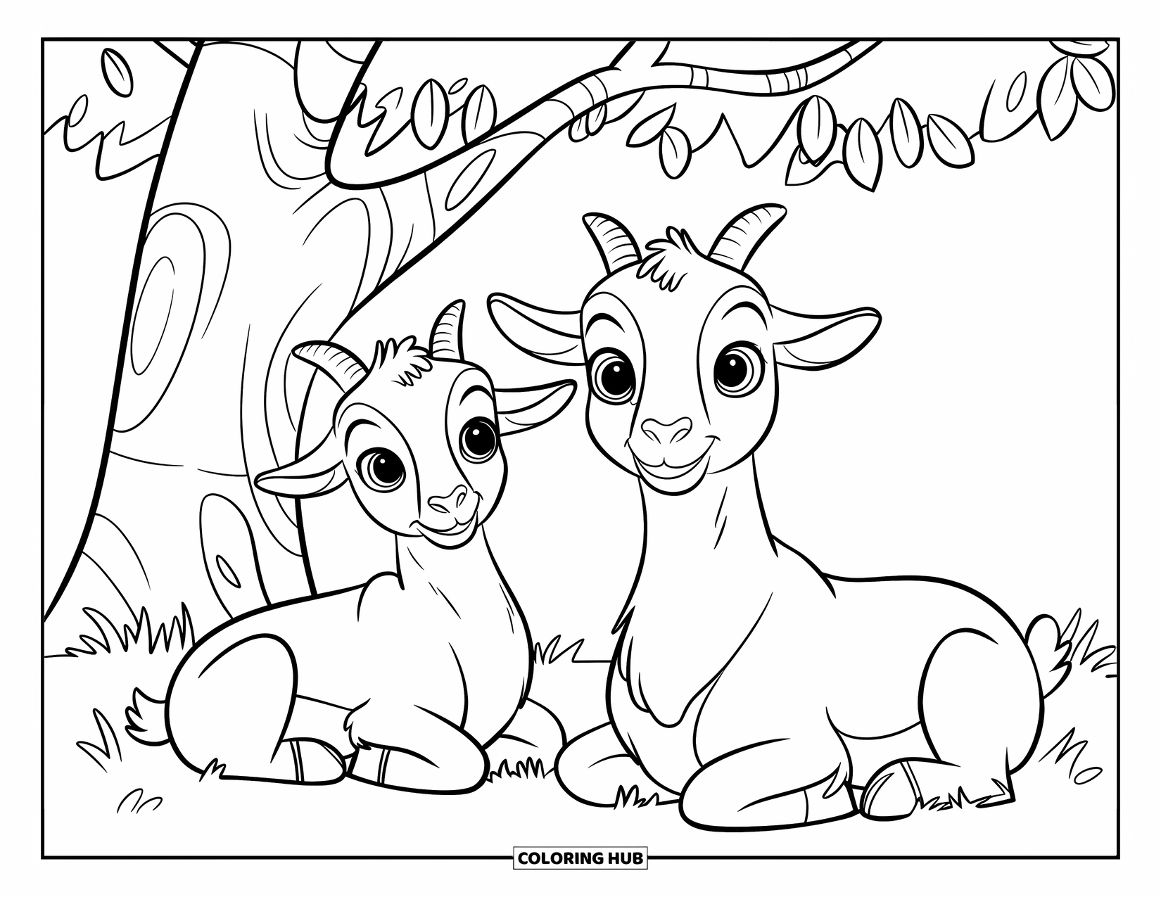 Disegno di una capra per bambini: Due capre riposano tranquillamente sotto un albero in una giornata luminosa e soleggiata
