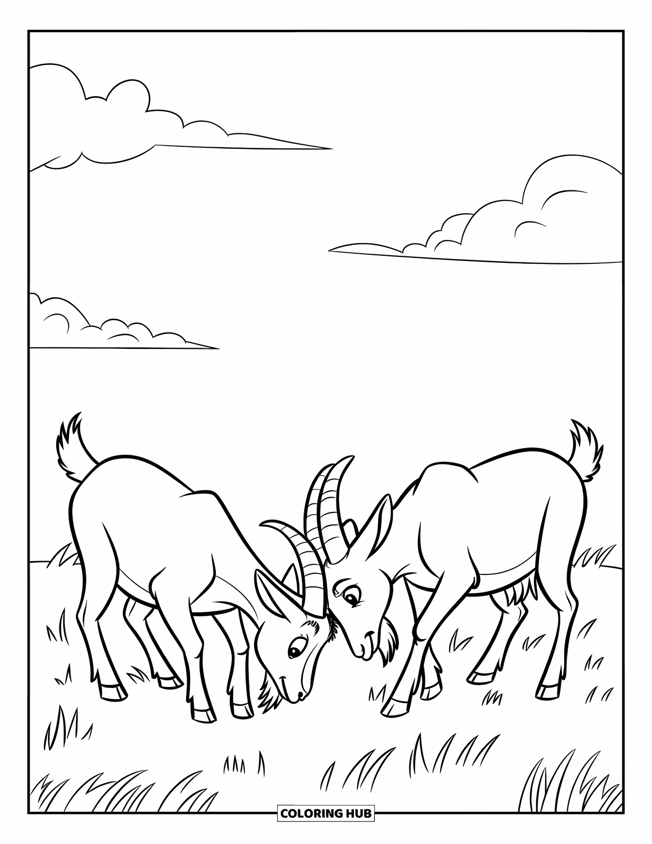 Disegno di una capra per bambini: Due capre giocose si danno testate sotto un cielo di soffici nuvole