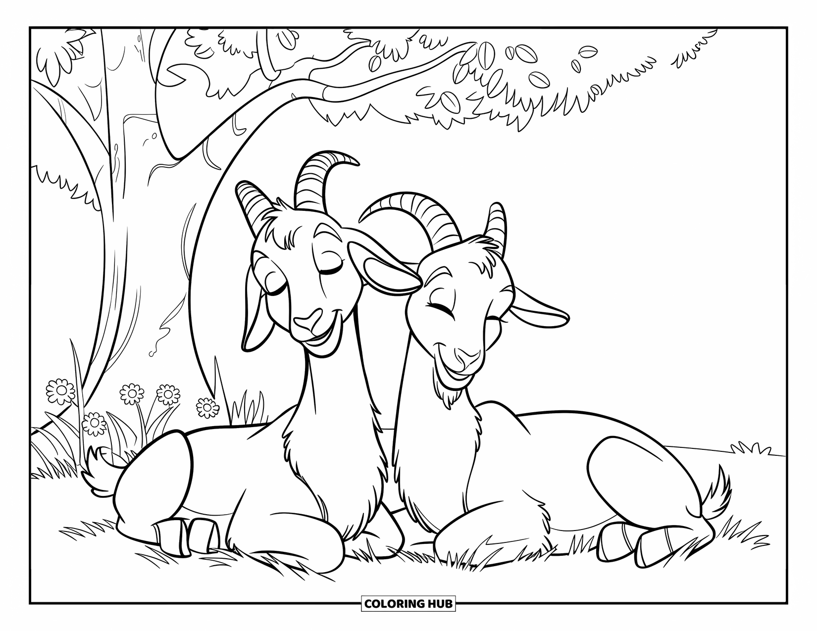 Disegno di una capra per bambini: Due capre assonnate si rilassano sotto un albero frondoso con fiori nelle vicinanze