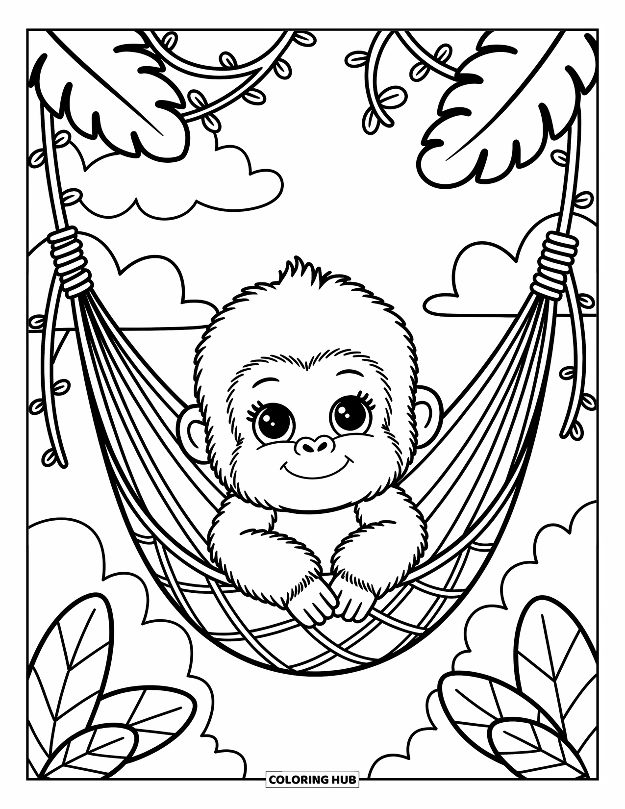 Disegno di gorilla da colorare per adulti: Un cucciolo di gorilla si rannicchia in un'amaca di liane tra le foglie della giungla e le nuvole soffici