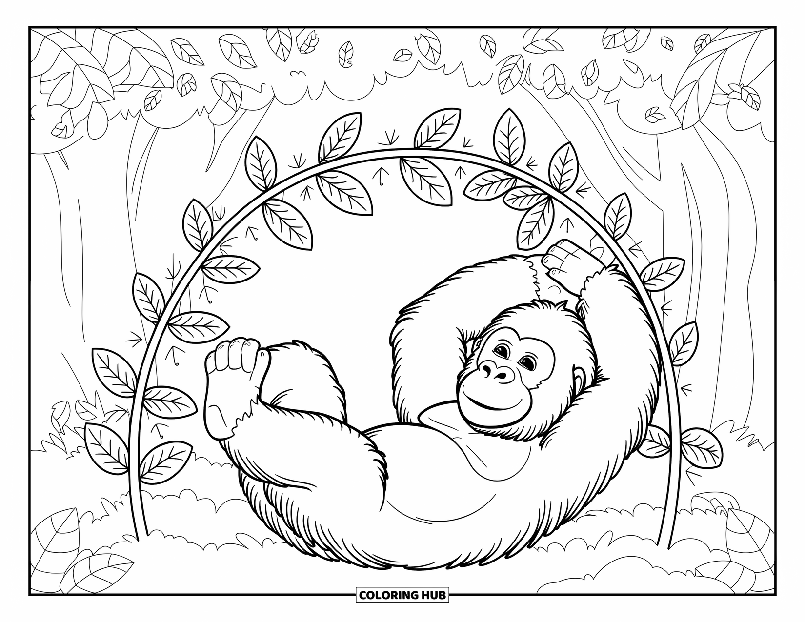 Disegno di gorilla da colorare per adulti: Un gorilla calmo si allunga sotto le foglie della foresta con alberi e liane sopra
