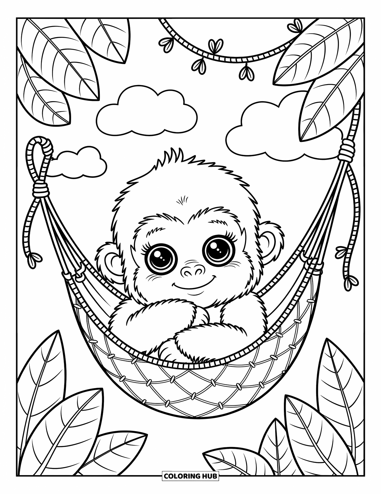 Disegno di gorilla da colorare per adulti: Un accogliente cucciolo di gorilla si raggomitola in un'amaca di liane sotto foglie e nuvole soffici