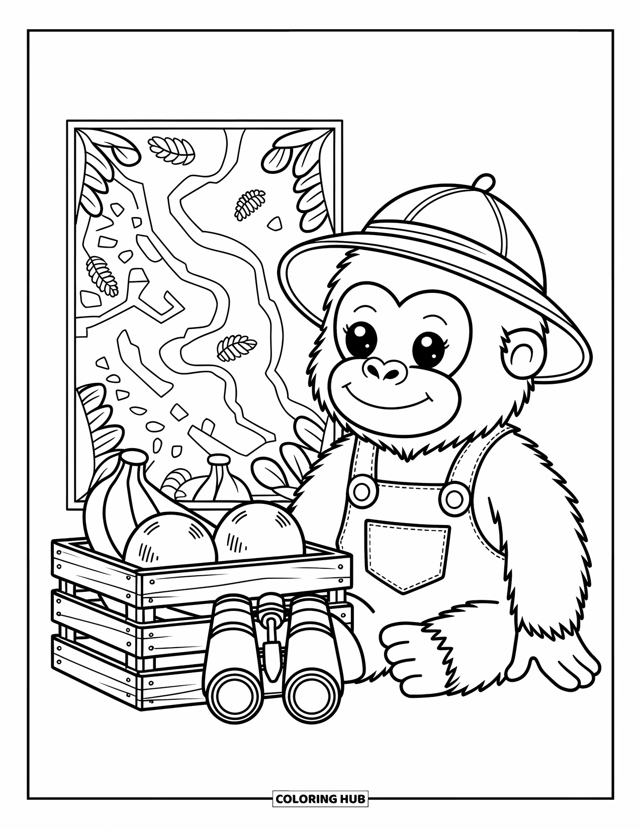 Disegno di gorilla da colorare per adulti: Un gorilla esploratore studia una mappa con frutta e binocoli accanto
