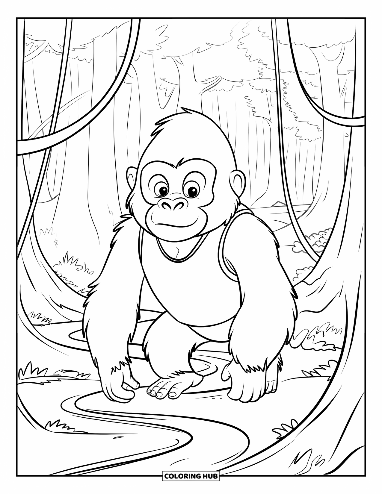 Disegno di gorilla da colorare per adulti: Un gorilla gentile cammina attraverso un sentiero tortuoso di liane nella giungla