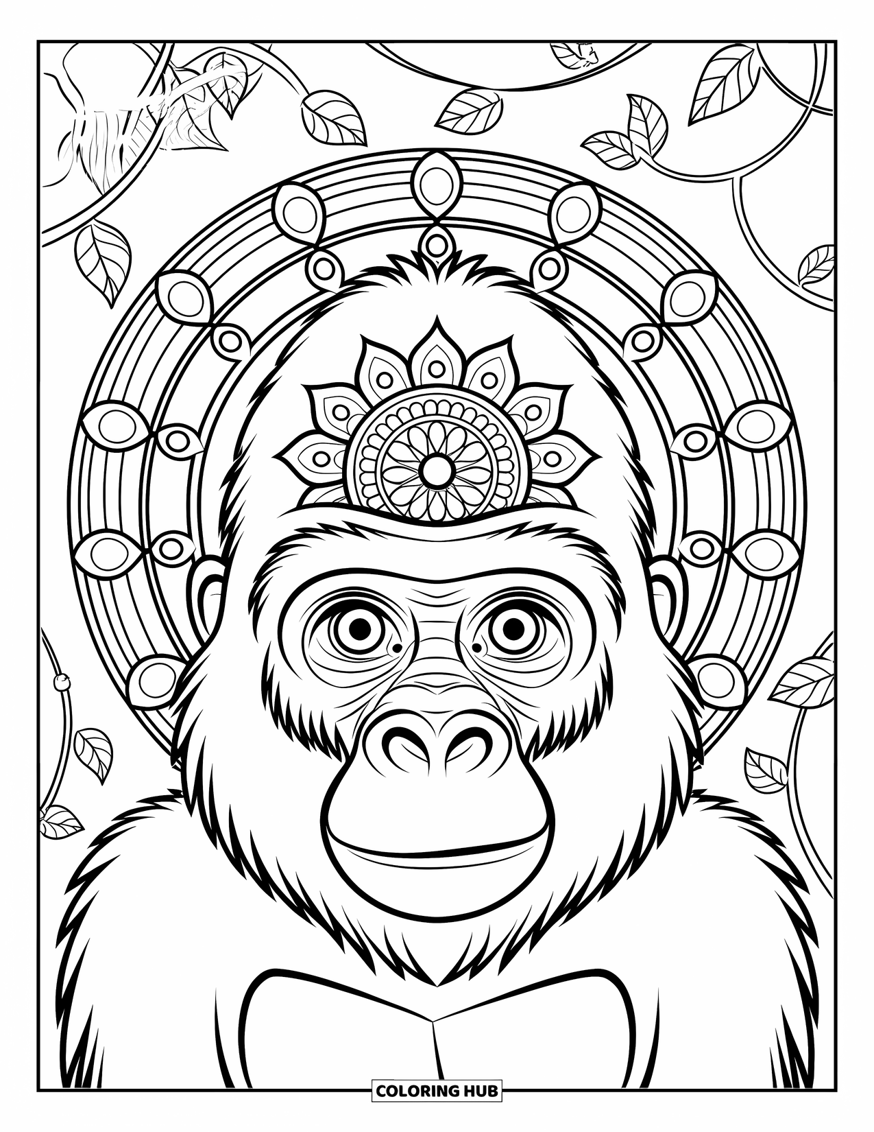 Disegno di gorilla da colorare per adulti: La faccia del gorilla presenta un mandala sulla fronte con disegni fogliari