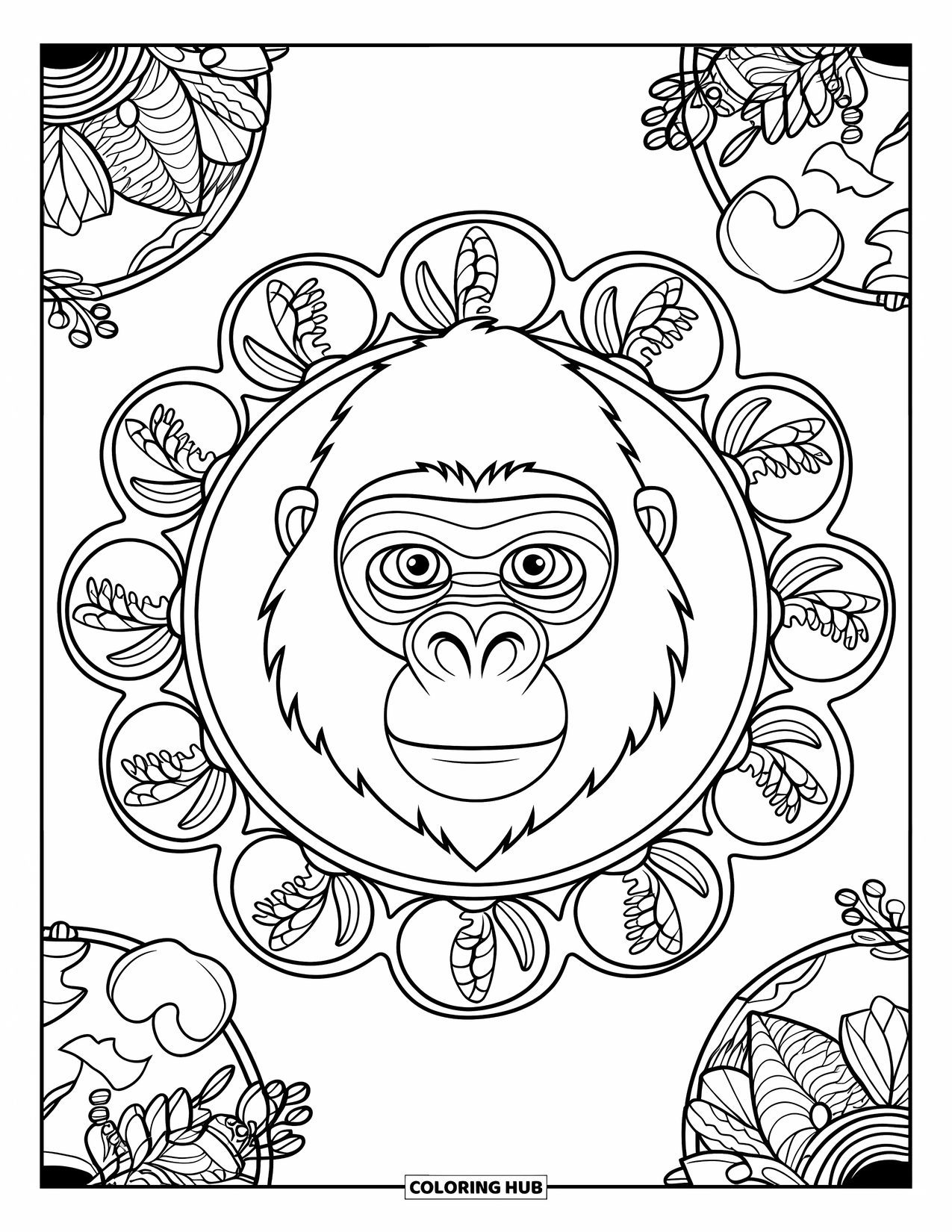 Disegno di gorilla da colorare per adulti: Faccia di gorilla incorniciata da motivi mandala con dettagli della foresta pluviale tutt'intorno