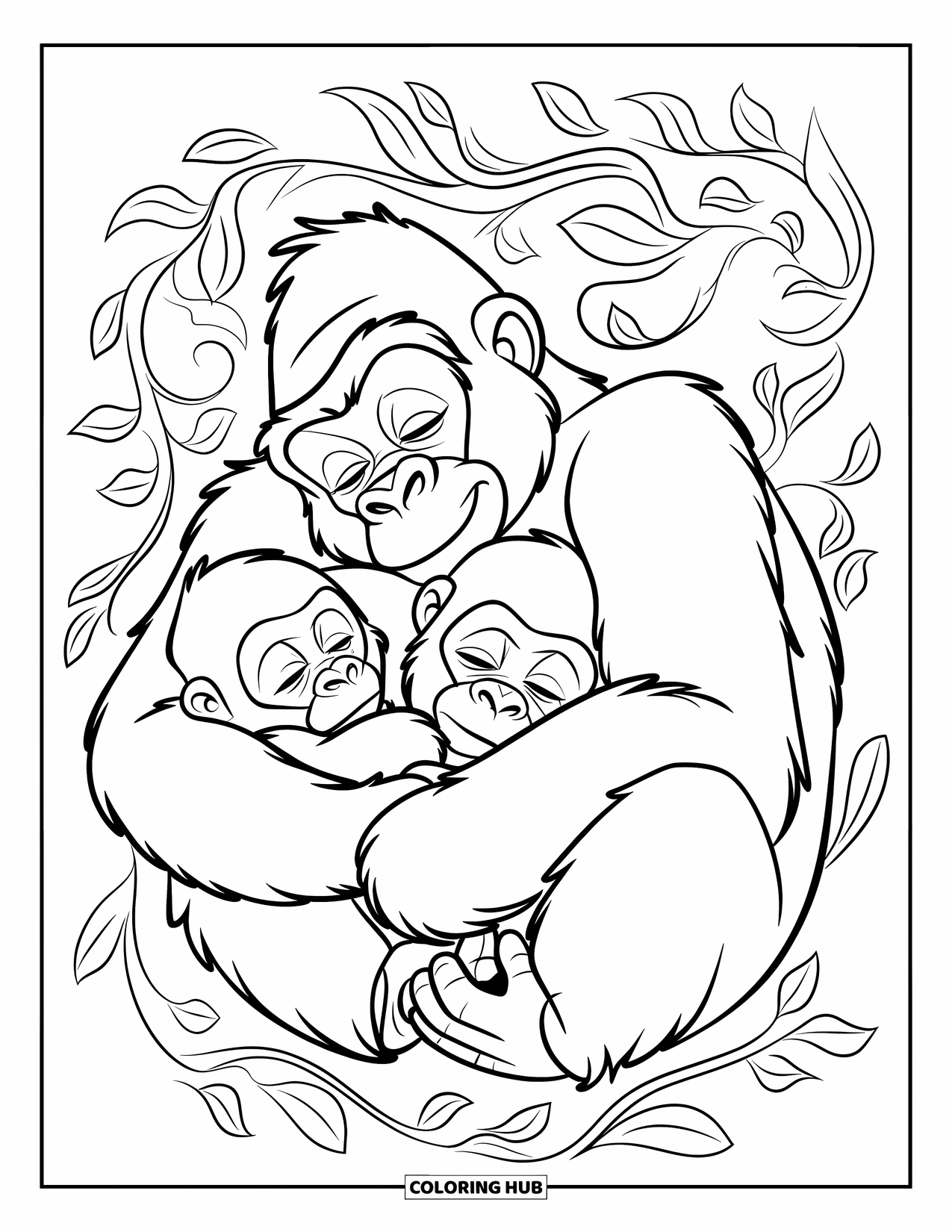 Disegno di gorilla da colorare per adulti: Un gorilla abbraccia un cucciolo mentre riposa tra morbidi vortici fogliari