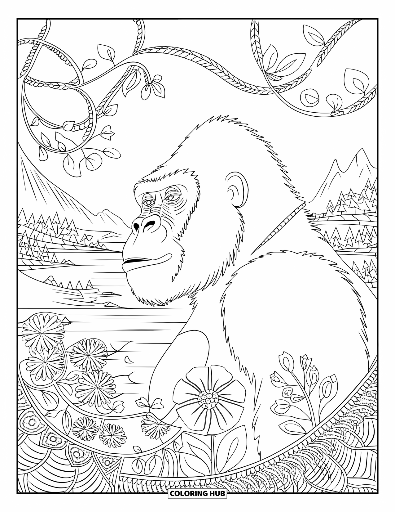 Disegno di gorilla da colorare per adulti: Un gorilla di profilo indossa un collare, circondato da liane mandala e forme floreali