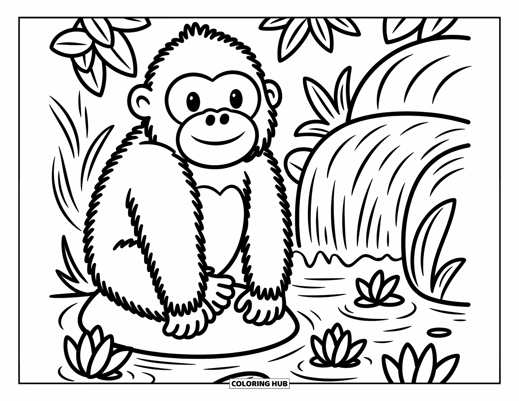 Disegno di gorilla da colorare per adulti: Un gorilla medita pacificamente su una roccia vicino a una piccola cascata con fiori di loto galleggianti