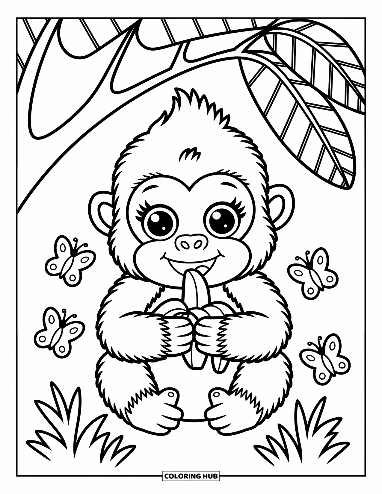 Disegno di gorilla da colorare per adulti: Un gorilla sgranocchia una banana sotto un albero ombroso con farfalle che volano giocosamente