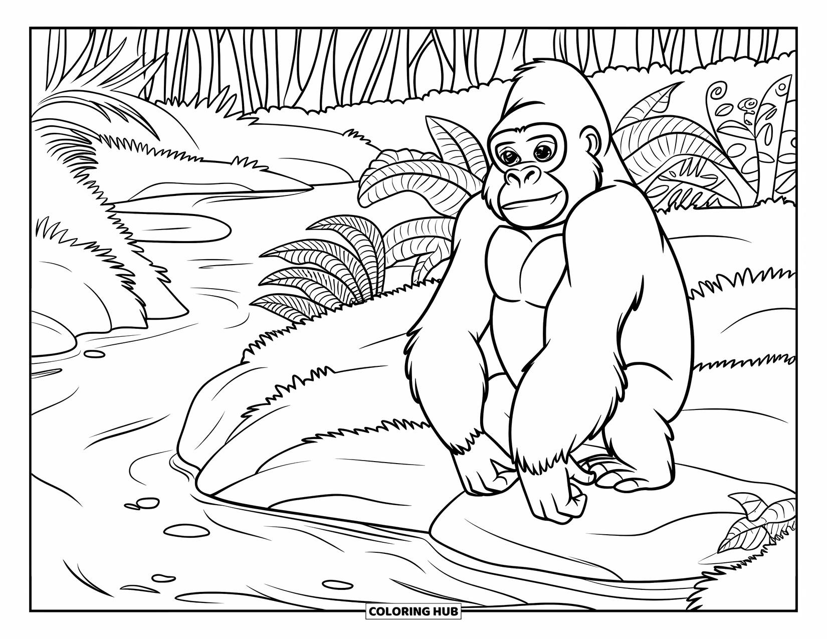 Disegno di gorilla da colorare per adulti: Un gorilla su una roccia si gode un ruscello tranquillo circondato da muschio e alberi alti