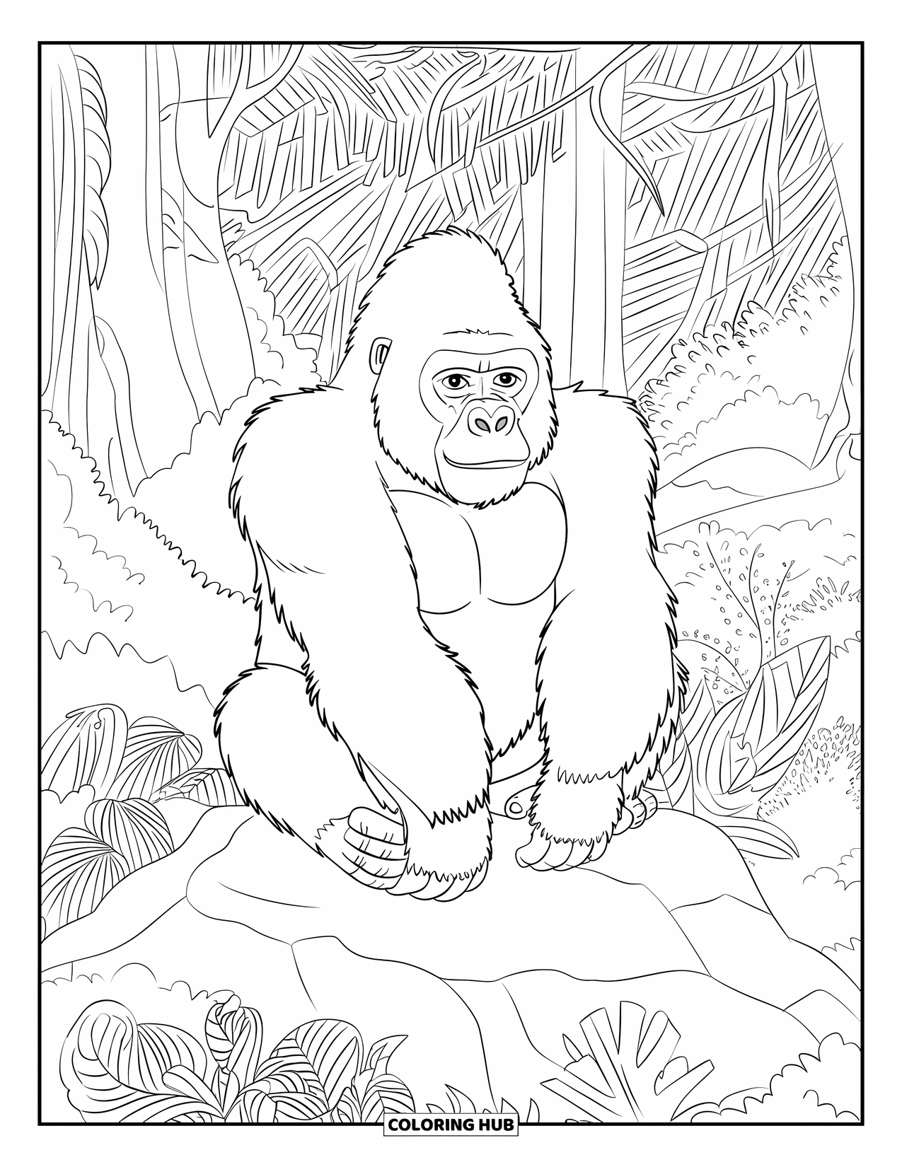 Disegno di gorilla da colorare per adulti: Un gorilla su un terreno roccioso siede tranquillamente in una foresta di verde lussureggiante e dettagliato