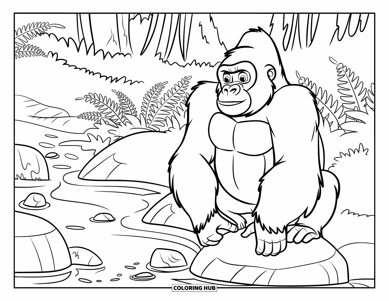 Disegno di gorilla da colorare per adulti: Un gorilla alza le mani accanto a un ruscello calmo fiancheggiato da felci e alberi
