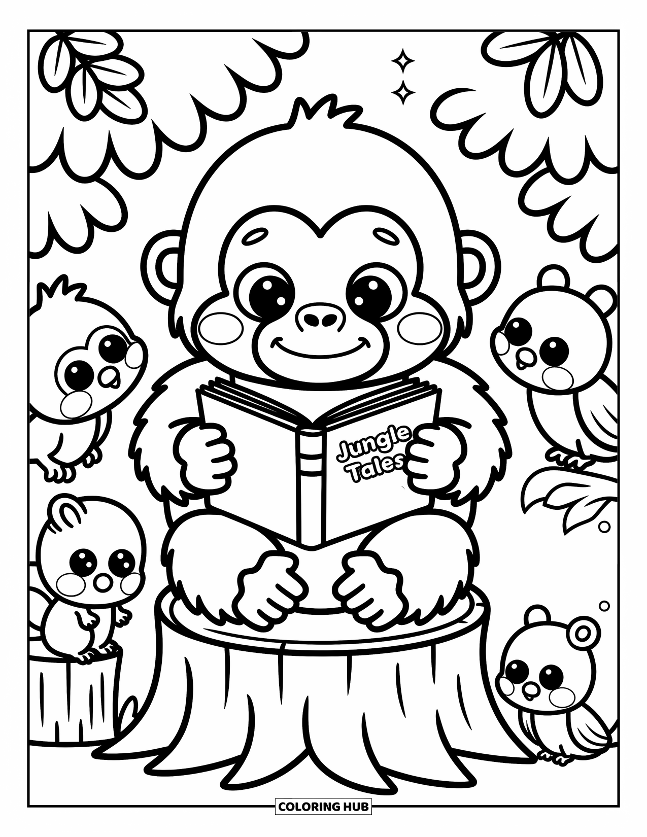 Disegno di gorilla da colorare per adulti: Un gorilla legge felicemente su un ceppo mentre gli animali si riuniscono per ascoltare la storia