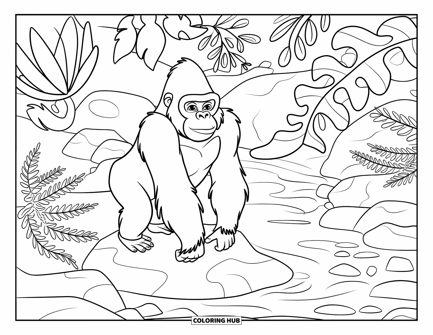Disegno di gorilla da colorare per adulti: Un gorilla riposa vicino a un ruscello gentile, circondato da felci e audaci forme fogliari
