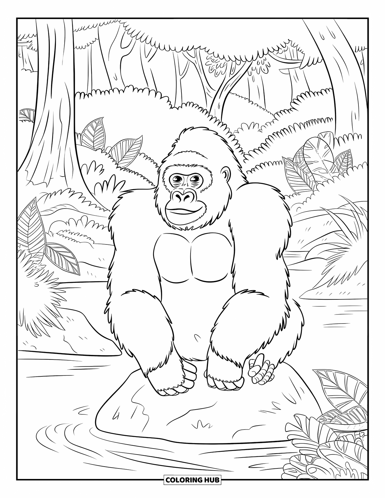Disegno di gorilla da colorare per adulti: Un gorilla riposa su una roccia in un fiume con alberi alti e frondosi della foresta pluviale intorno