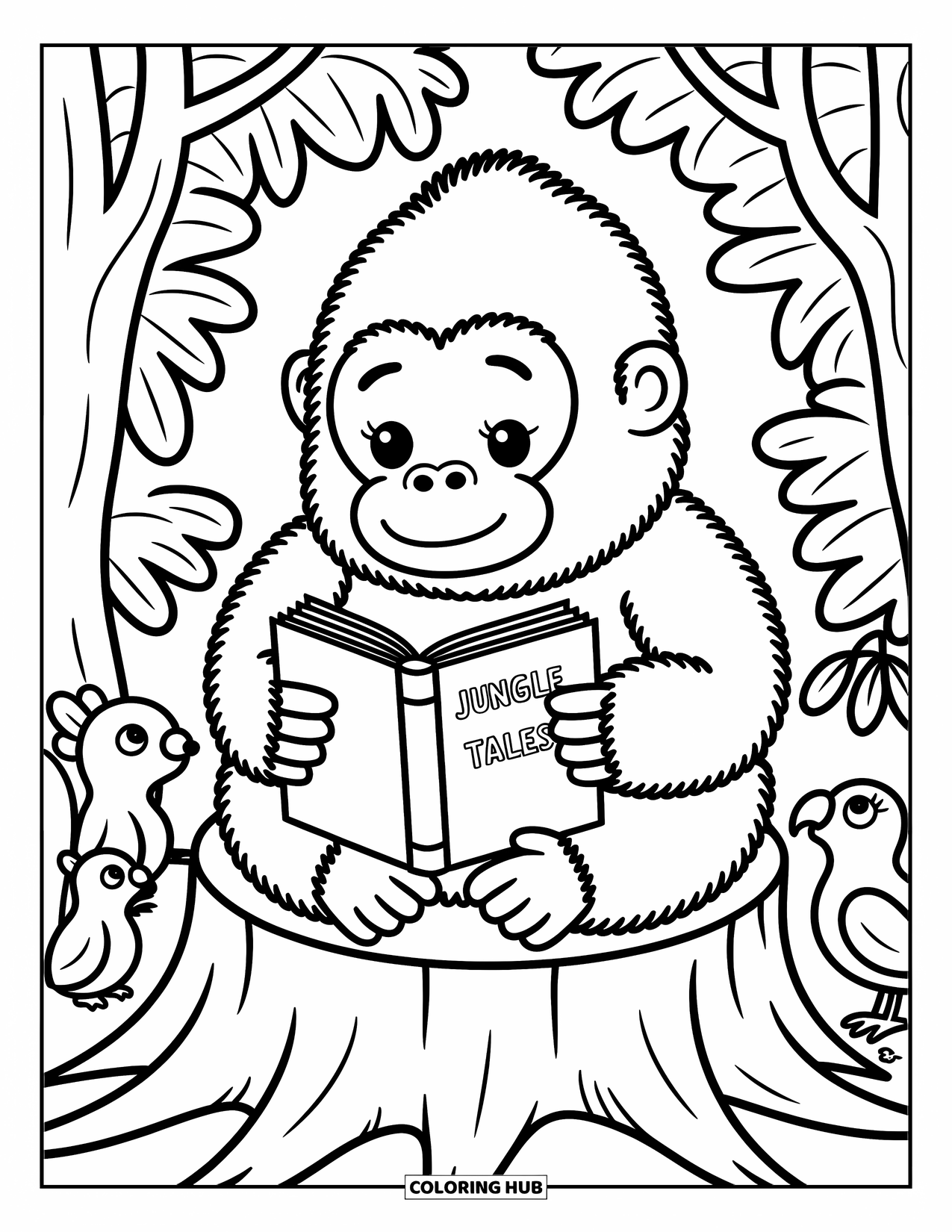 Disegno di gorilla da colorare per adulti: Un gorilla condivide un libro di storie con amici animali mentre è seduto su un ceppo accogliente