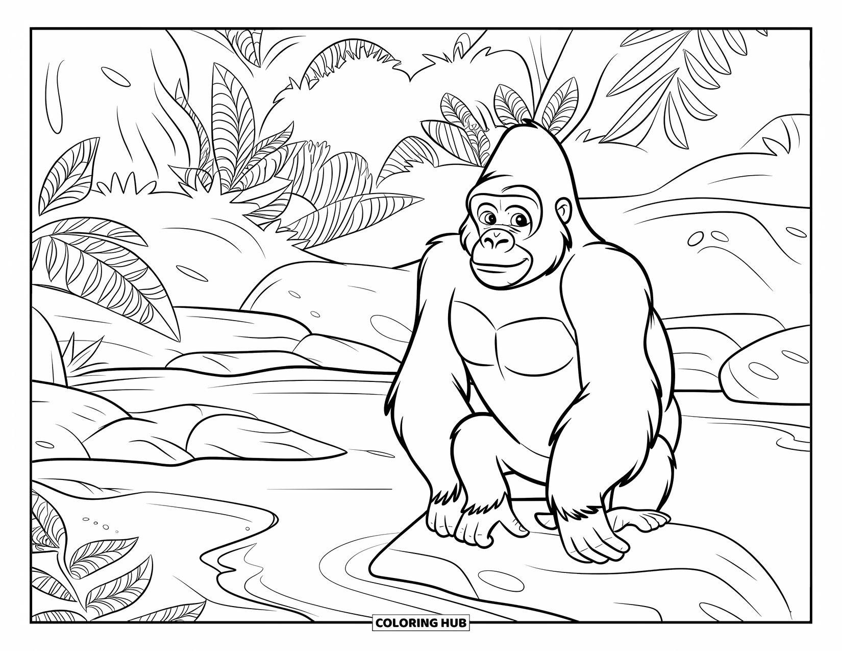 Disegno di gorilla da colorare per adulti: Un gorilla siede vicino a un ruscello con rocce e piante ornate che lo circondano