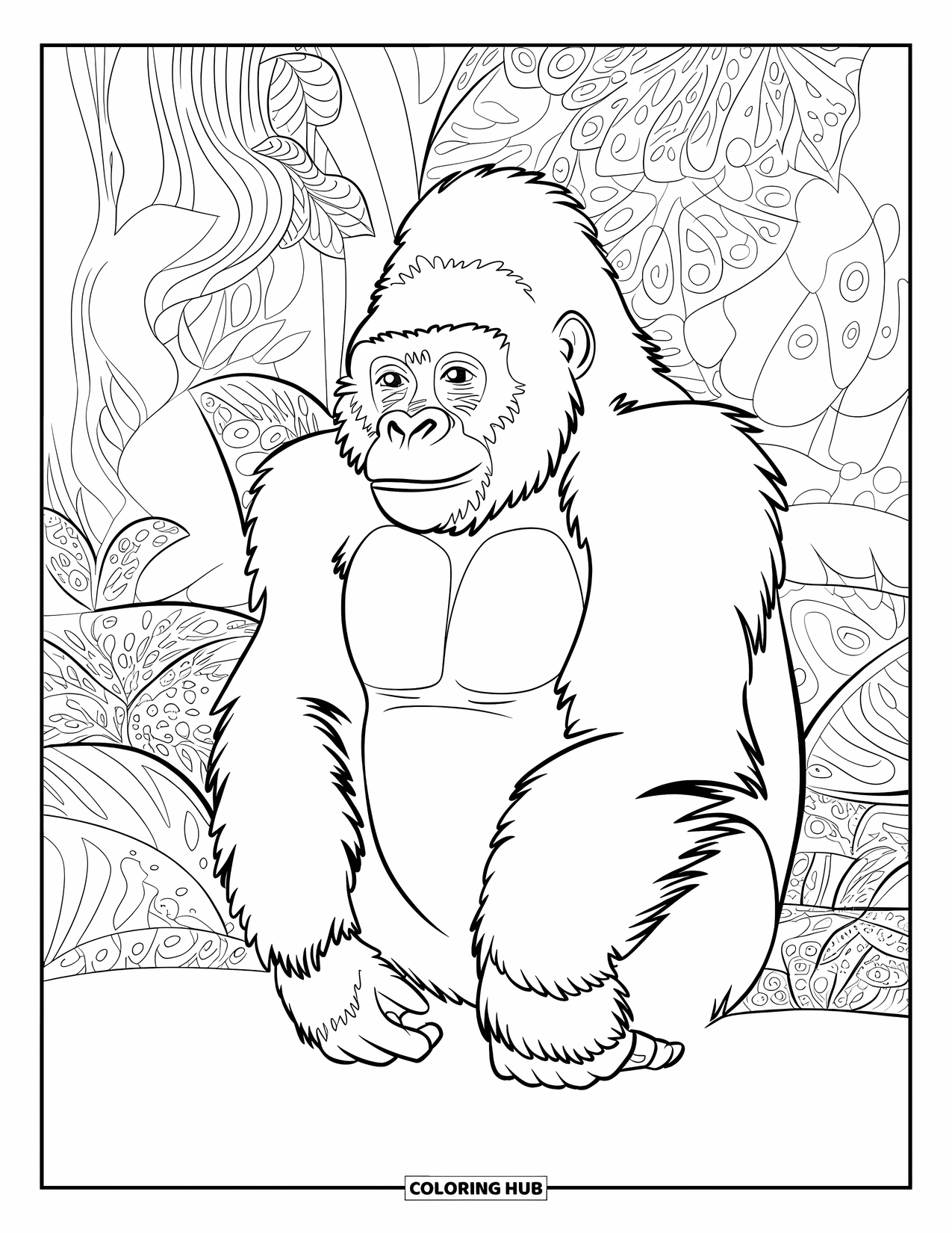 Disegno di gorilla da colorare per adulti: Un gorilla siede pacificamente tra piante a motivi e dettagliati alberi della foresta pluviale